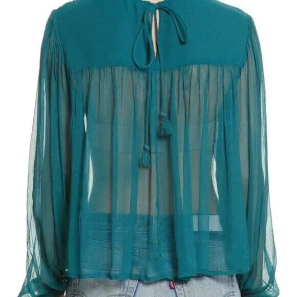 Free People Retro Femme Sheer Beaded Long Sleeve Blouse NWT Turquoise FLAW XS - Picture 10 of 11